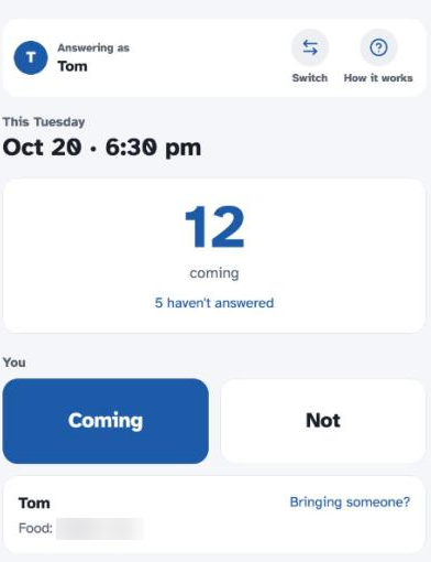 The group app: RSVPs and food for my small group. Names blurred.